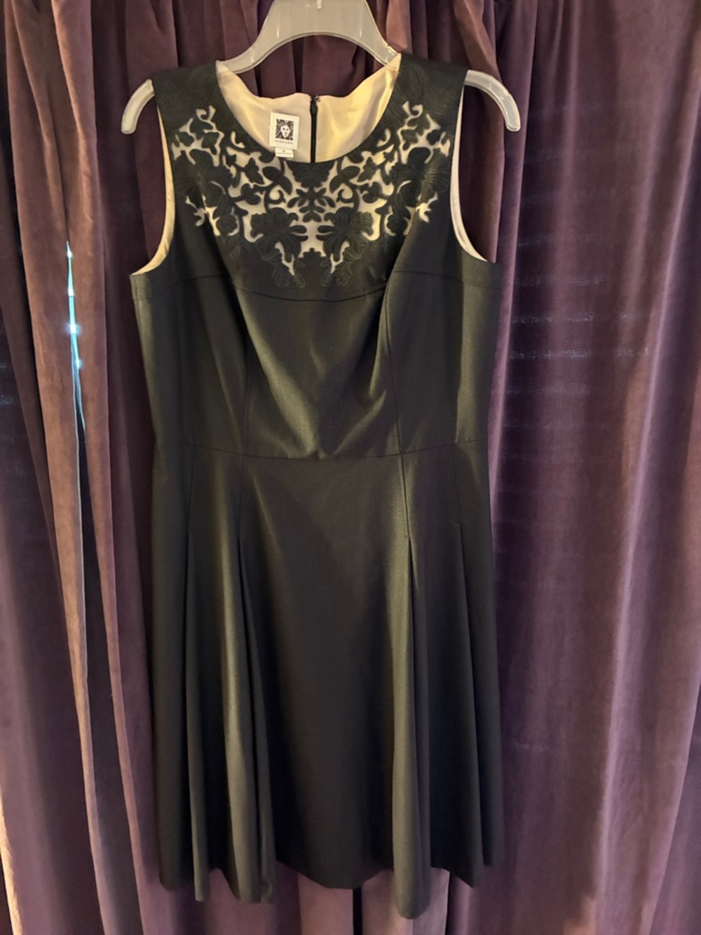 Anne Klein Black Sleeveless Midi Dress with Ivory Embroidered Yoke Size 12